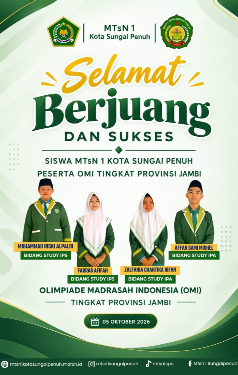 Empat orang siswa MTSn 1 Kota Sungai Penuh siap membawa mandat madrasah untuk merebut gelar juara pada perhelatan Olimpiade Madrasah Indonesia (OMI) Tingkat Provinsi Jambi tahun 2026.(poto: MTSn 1 Sungai Penuh).