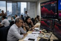 Ilustarsi: Pekerja di kantor keuangan Jakarta cemas memantau IHSG yang anjlok dan rupiah yang melemah di layar pergerakan saham.(poto: AI).