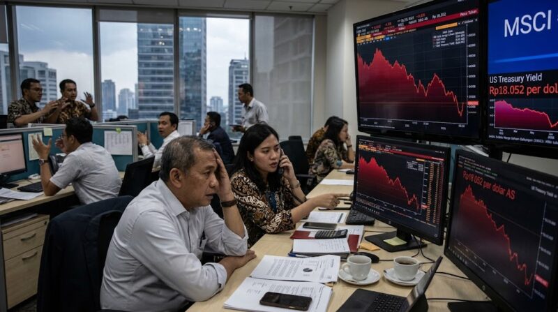 Ilustarsi: Pekerja di kantor keuangan Jakarta cemas memantau IHSG yang anjlok dan rupiah yang melemah di layar pergerakan saham.(poto: AI).