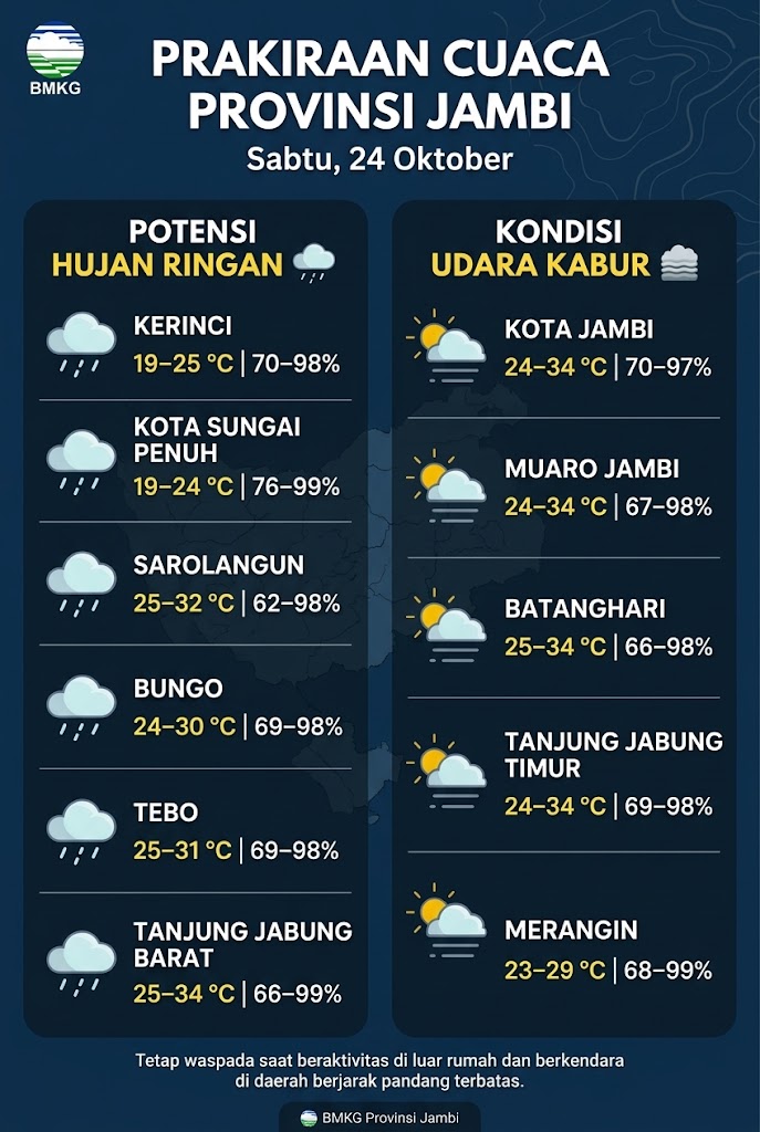 Infografis prakiraan cuaca kabupaten dan kota se-Provinsi Jambi untuk Sabtu (24/10).(poto: AI).