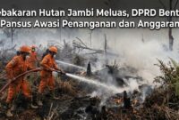 Ilustrasi: Petugas Manggala Agni berjuang memadamkan kebakaran hutan dan lahan di Jambi yang kian meluas, Sabtu (10/10/2026).(poto: AI).
