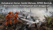 Ilustrasi: Petugas Manggala Agni berjuang memadamkan kebakaran hutan dan lahan di Jambi yang kian meluas, Sabtu (10/10/2026).(poto: AI).