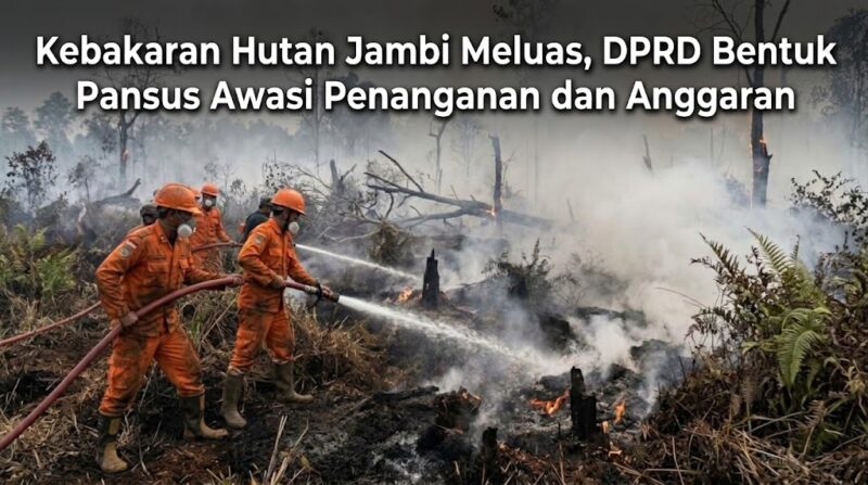 Ilustrasi: Petugas Manggala Agni berjuang memadamkan kebakaran hutan dan lahan di Jambi yang kian meluas, Sabtu (10/10/2026).(poto: AI).
