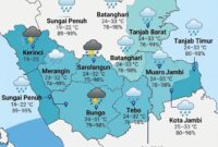 Peta infografik prakiraan cuaca di wilayah kabupaten dan kota se-Provinsi Jambi untuk Rabu, 28 Oktober,(poto: AI).