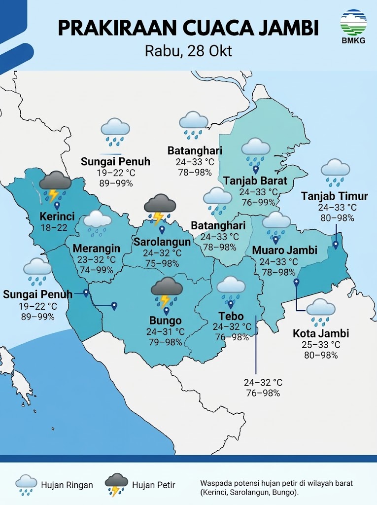 Peta infografik prakiraan cuaca di wilayah kabupaten dan kota se-Provinsi Jambi untuk Rabu, 28 Oktober,(poto: AI).