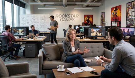 Ilustrasi Eksekutif Rockstar Games sedang diwawancarai oleh jurnalis di ruang kerja studio dengan latar belakang poster game dan para pengembang yang bekerja di depan monitor.