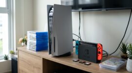 Konsol PlayStation dan Nintendo Switch bersanding dengan tumpukan kaset game fisik serta kartu permainan di atas meja.(poto: AI).