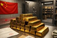 Ilustrasi: Tumpukan emas di brankas China, bagian dari upaya PBOC mendiversifikasi devisa dan mengurangi pengaruh dollar AS.(poto: AI).