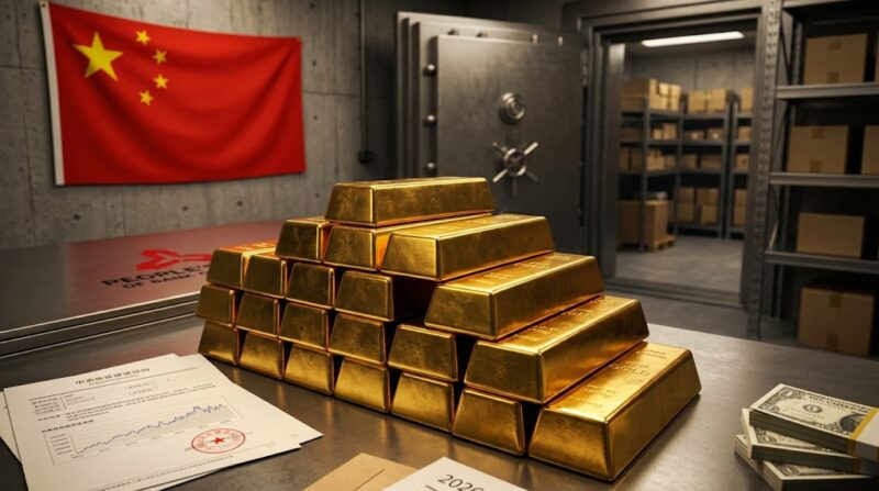 Ilustrasi: Tumpukan emas di brankas China, bagian dari upaya PBOC mendiversifikasi devisa dan mengurangi pengaruh dollar AS.(poto: AI).
