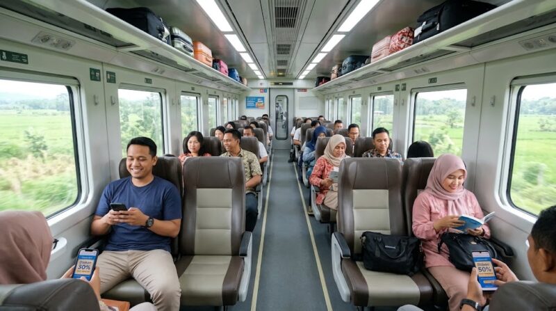 Ilustrasi Suasana kabin kereta ekonomi modern berfasilitas nyaman saat perjalanan libur akhir tahun.(poto: AI).