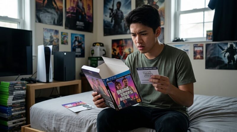 Ilustrasi: Reaksi kecewa seorang gamer saat membuka kotak fisik GTA 6 yang ternyata hanya berisi selembar kode unduhan, tanpa disc.(poto: AI).
