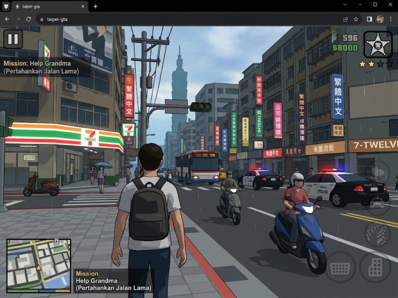 Ilustrasi: Tangkapan layar Taipei GTA, game open-world berbasis browser berlatar kota Taiwan yang viral dengan jutaan pemain.(poto: AI).