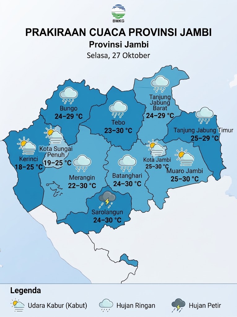 Infografis prakiraan cuaca kabupaten dan kota se-Provinsi Jambi untuk Selasa, 27 Oktober dari data resmi BMKG. (poto: AI).