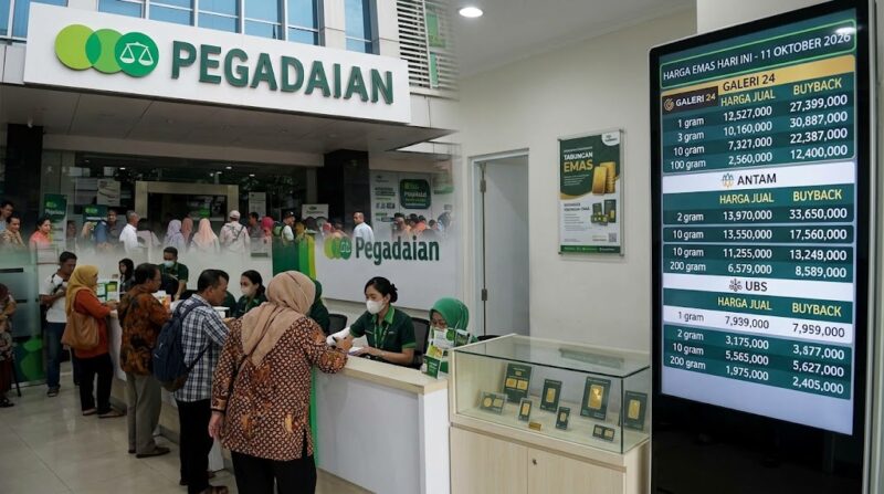 Ilustrasi: Nasabah bertransaksi di outlet Pegadaian saat harga emas Galeri 24 & UBS terpantau naik, Minggu (11/10/2026).(poto: AI).