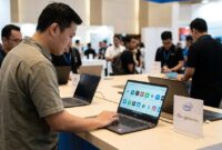 Ilustrasi: Pengunjung menjajal Googlebooks berbasis Intel saat pameran teknologi, di tengah isu kompatibilitas aplikasi Android.(poto: AI).