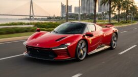 Ilustrasi Uji coba Ferrari 849 Testarossa PHEV di kawasan PIK 2, Tangerang, tampil agresif dengan performa buas 1.050 Tk.(poto: AI).