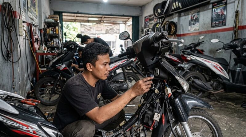 Ilustrasi: Mekanik sedang memasang sistem kunci keyless pada motor bebek di sebuah bengkel modifikasi di Jakarta.(poto: AI).