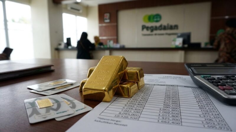 Ilustrasi: Aktivitas transaksi investasi emas batangan Antam di Pegadaian.(poto: AI).