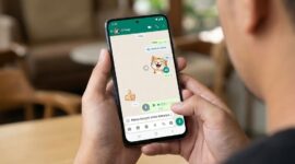 Ilustrasi Pengguna mencoba fitur stiker bersuara dan tata letak baru kolom pesan WhatsApp di layar ponsel pintar.(poto: AI).