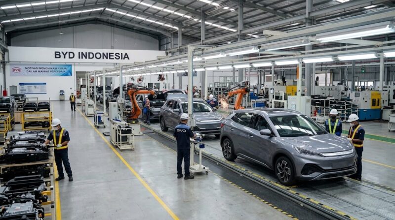Ilustrasi: Aktivitas perakitan mobil listrik BYD di pabrik Subang, Jawa Barat, untuk memperkuat pasokan pasar nasional.(poto: AI).