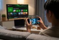Ilustrasi Gamer memainkan game via Xbox Cloud Playtime di smartphone dengan kuota waktu tanpa konsol fisik di ruang keluarga.(poto: AI).