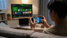 Ilustrasi Gamer memainkan game via Xbox Cloud Playtime di smartphone dengan kuota waktu tanpa konsol fisik di ruang keluarga.(poto: AI).