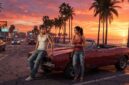 Ilustrasi karakter Jason dan Lucia berdiri di dekat mobil klasik berlatar sunset pantai Leonida dalam game GTA 6.(poto: AI).