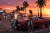 Ilustrasi karakter Jason dan Lucia berdiri di dekat mobil klasik berlatar sunset pantai Leonida dalam game GTA 6.(poto: AI).