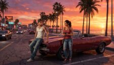 Ilustrasi karakter Jason dan Lucia berdiri di dekat mobil klasik berlatar sunset pantai Leonida dalam game GTA 6.(poto: AI).