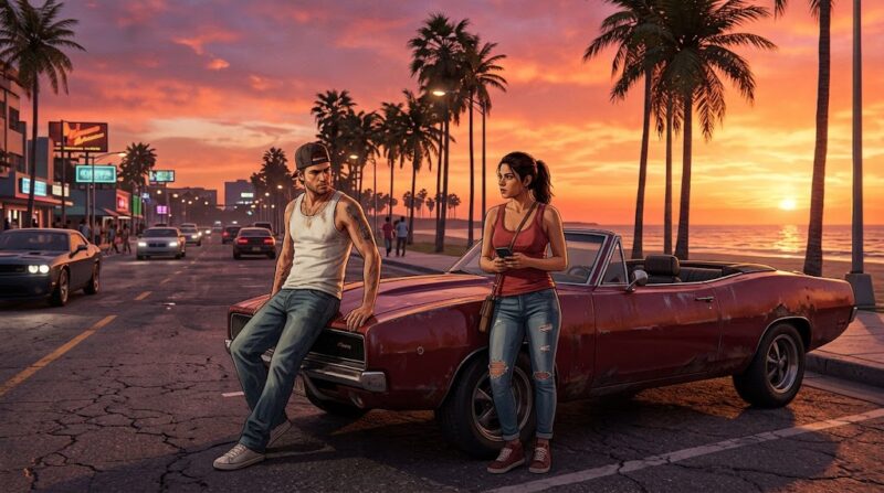 Ilustrasi karakter Jason dan Lucia berdiri di dekat mobil klasik berlatar sunset pantai Leonida dalam game GTA 6.(poto: AI).